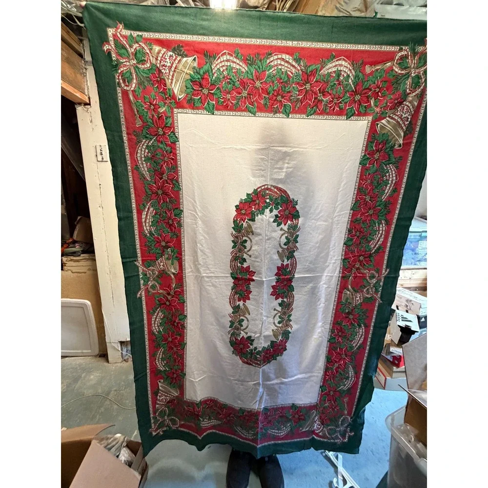 Vintage 90s Christmas‎ Tablecloth and 8 Napkins Set Poinsettia Bells Green Red